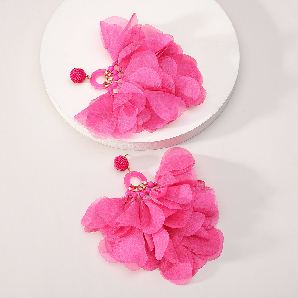Bohemian Handmade Fabric Chiffon Flower Dangle Earrings - Beauty Accessories