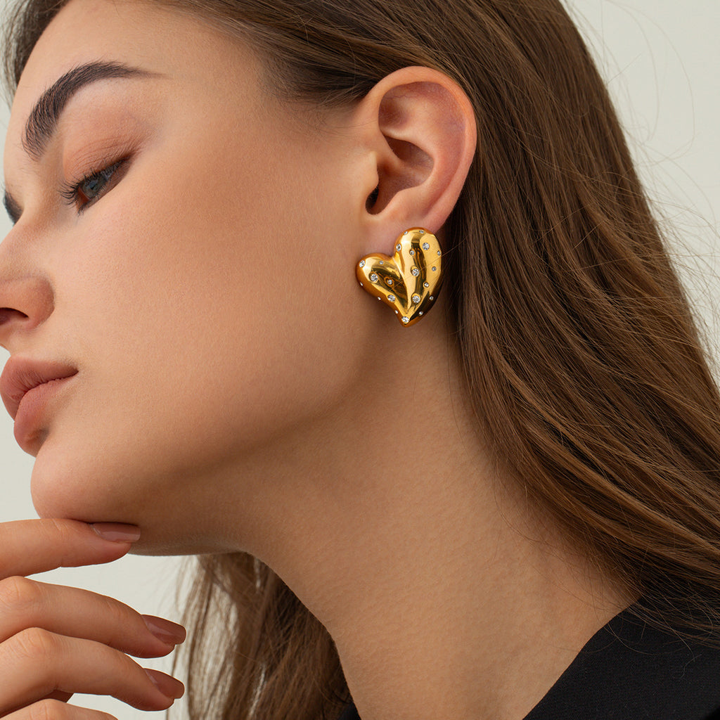 Fashion 18K Gold Stainless Steel Inlaid White Diamond Love Heart Earrings - Beauty Accessories
