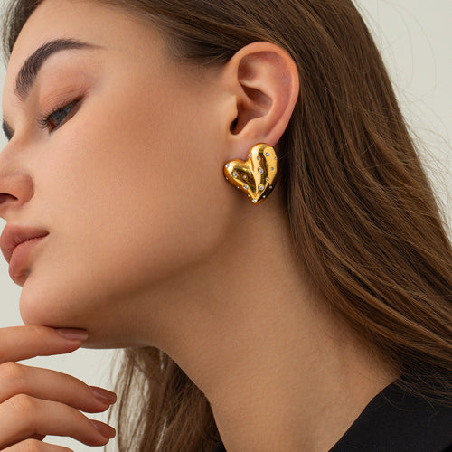 Fashion 18K Gold Stainless Steel Inlaid White Diamond Love Heart Earrings - Beauty Accessories