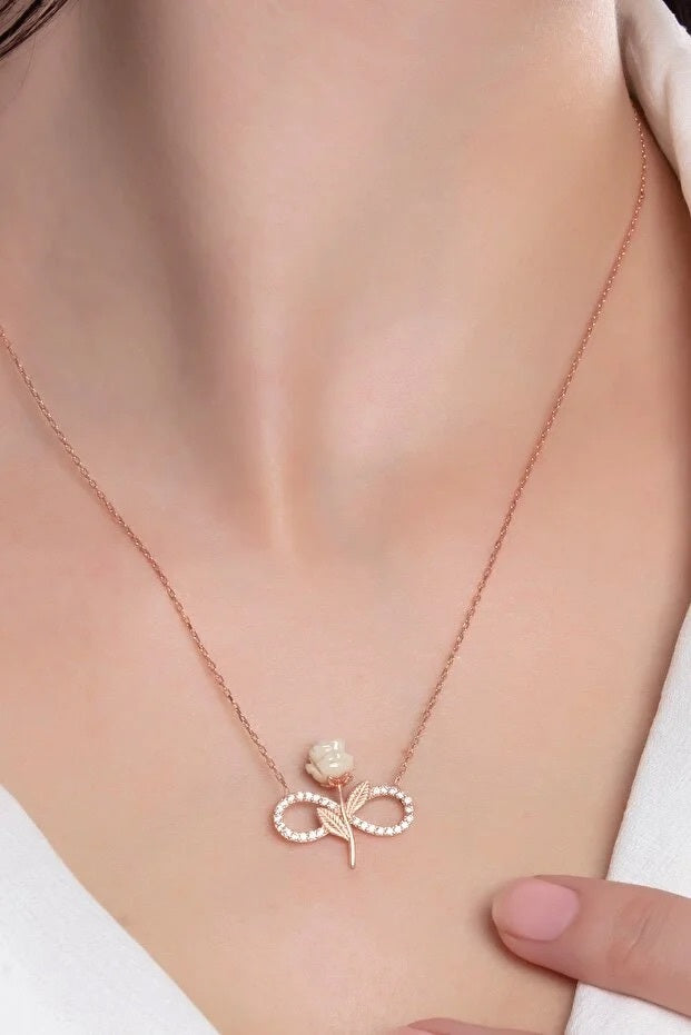 925 Sterling Silver Rose Gold Plated White Rose Infinity Necklace With Zircon Stone