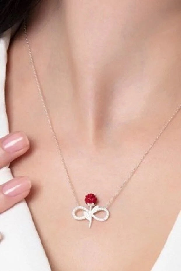 925 Sterling Silver Red Rose Infinity Necklace With White Stone - Beauty Accessories