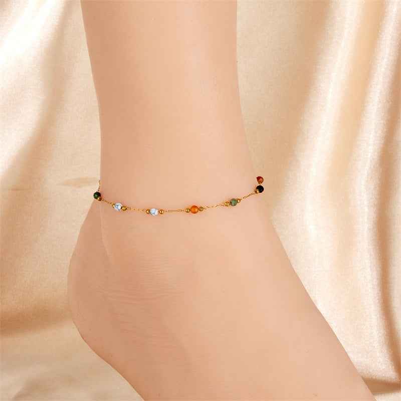 Colored Beaded Stone Stainless Steel Chain Anklet - Beauty Accessories