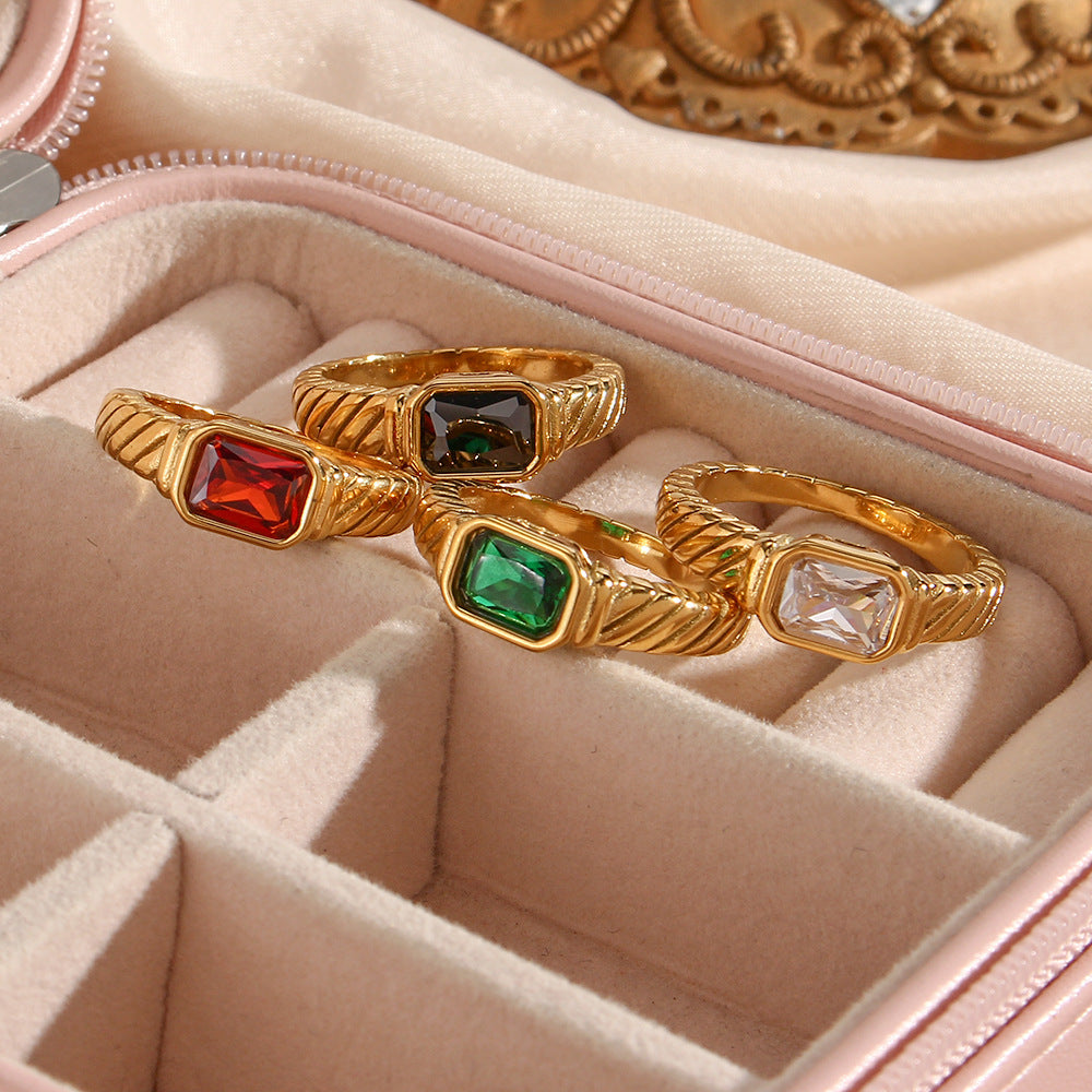 Stainless Steel Waterproof Black White Green Zircon Ring - Beauty Accessories