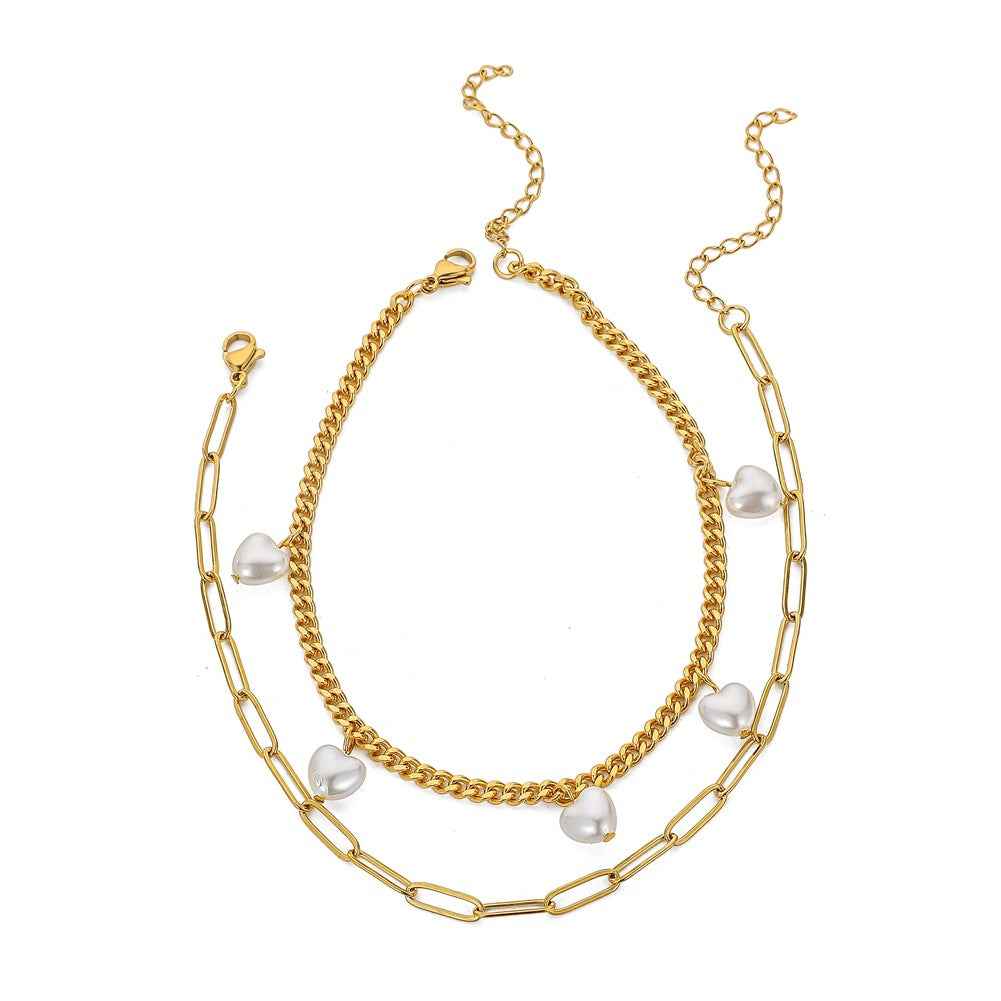 Stainless Steel Gold Double Love Pearl Anklet - Beauty Accessories