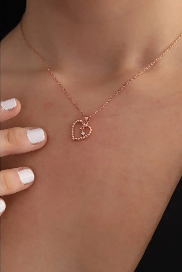 925 Sterling Silver Rose Gold Plated Heart Solitaire Necklace With White Zircon Stone - Beauty Accessories