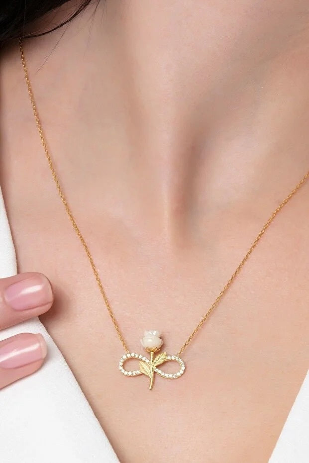 925 Sterling Silver Gold Plated White Rose Infinity Necklace - Beauty Accessories