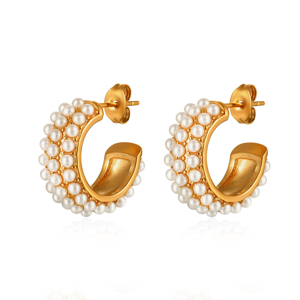 18K Gold Stainless Steel Fashion Personality C-shaped Pearl Earrings