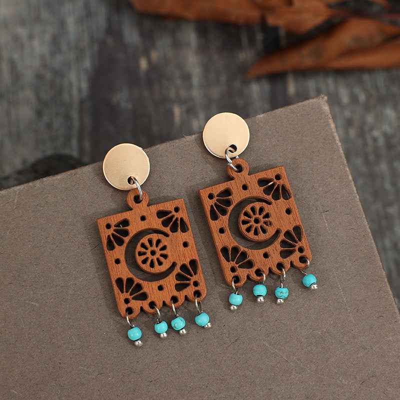 Geometric Hollow Wooden Earrings Turquoise Tassel Retro