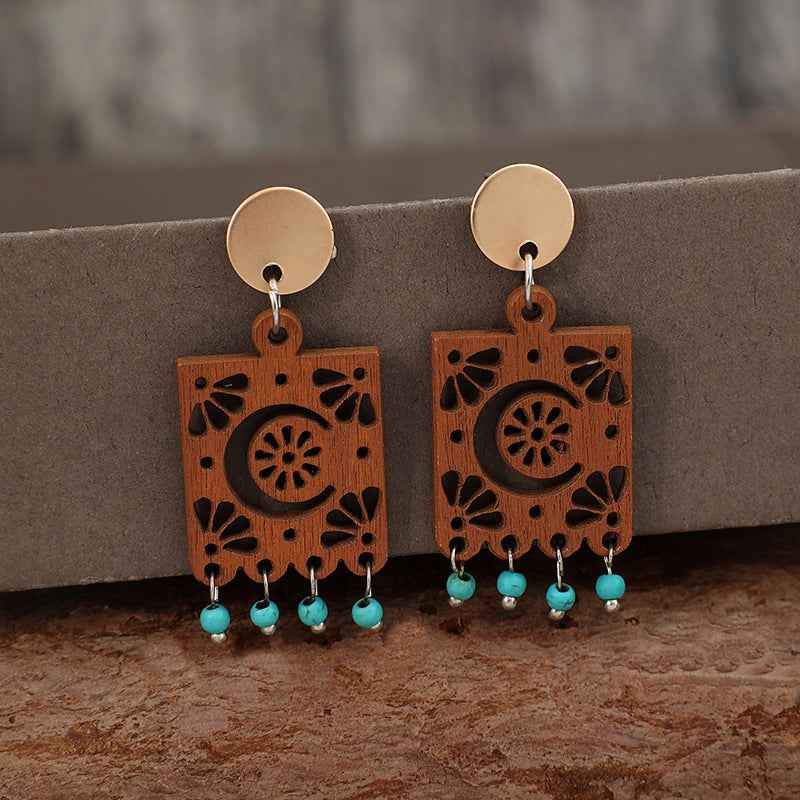 Geometric Hollow Wooden Earrings Turquoise Tassel Retro