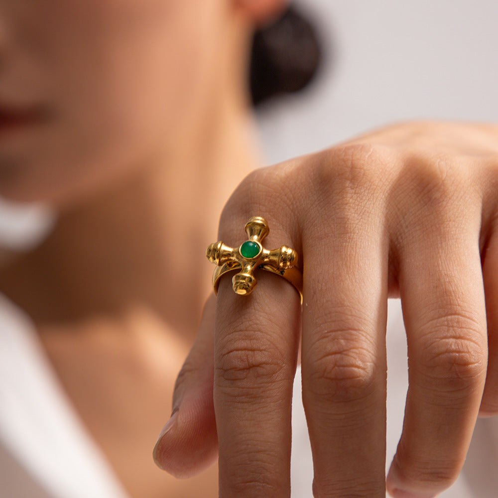 Stainless Steel Inlaid Stone Cross Gold-plated Titanium Steel Ring For Women