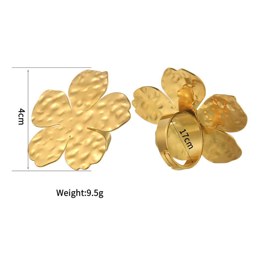 Textured Retro Gold Stainless Steel Flower Open Ring Women - Beauty Accessories