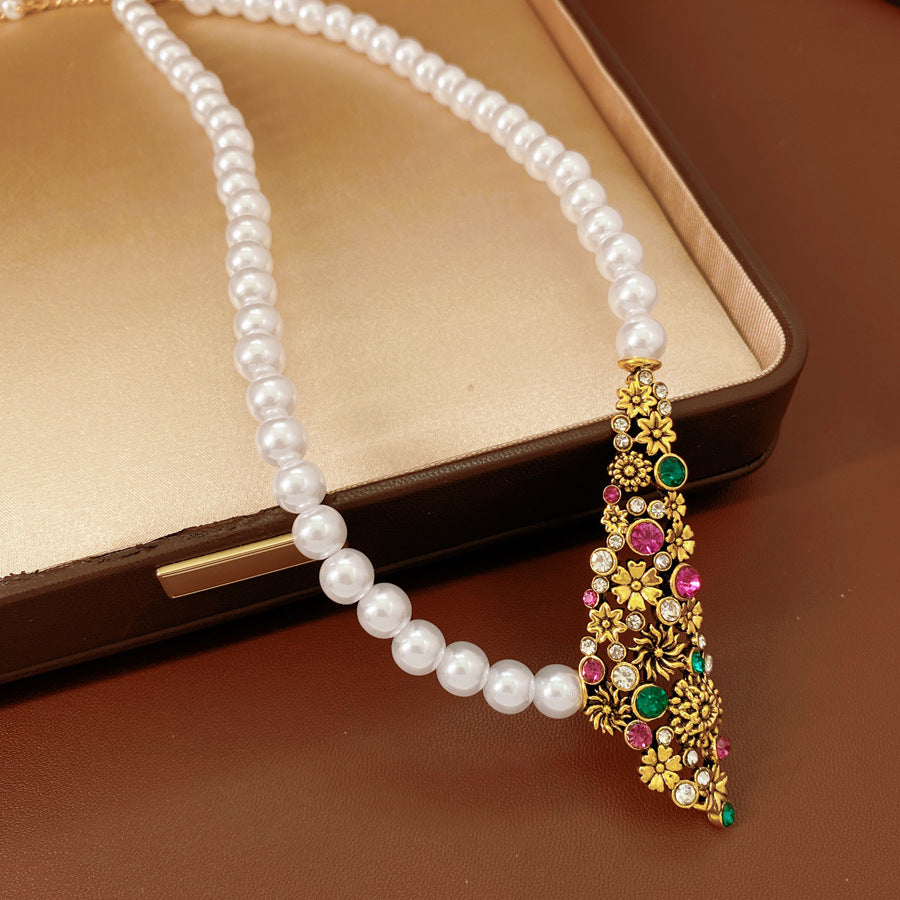 Vintage Baroque Pearl Necklace And Earrings Set Colorful Crystal Floral Jewelry Set