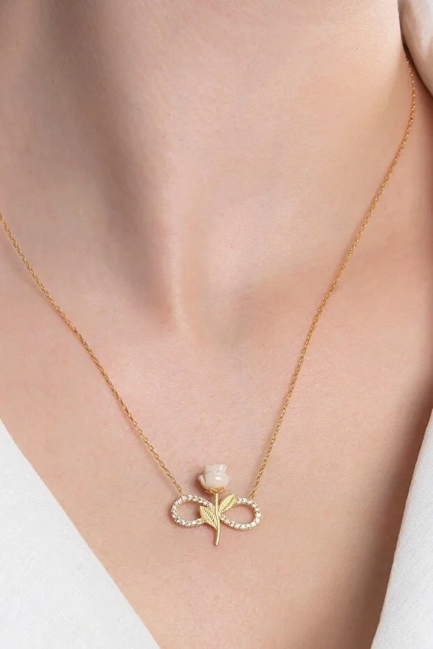 925 Sterling Silver Gold Plated White Rose Infinity Necklace With Zircon Stone