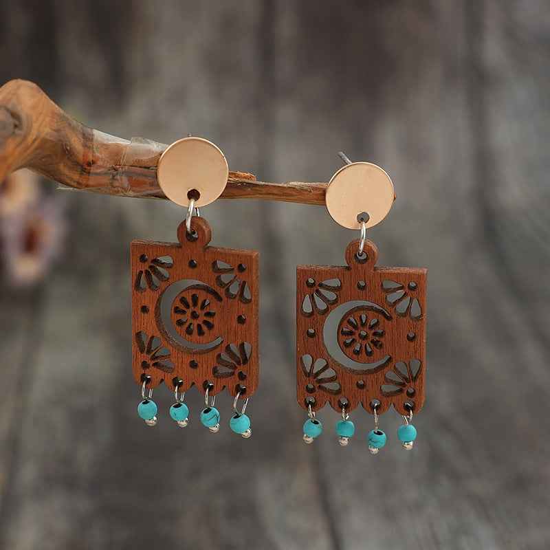 Geometric Hollow Wooden Earrings Turquoise Tassel Retro