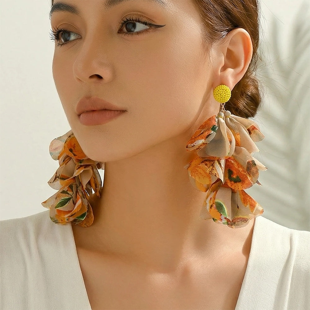 Bohemian Long Fabric Chiffon Petal Tassel Earrings - Beauty Accessories