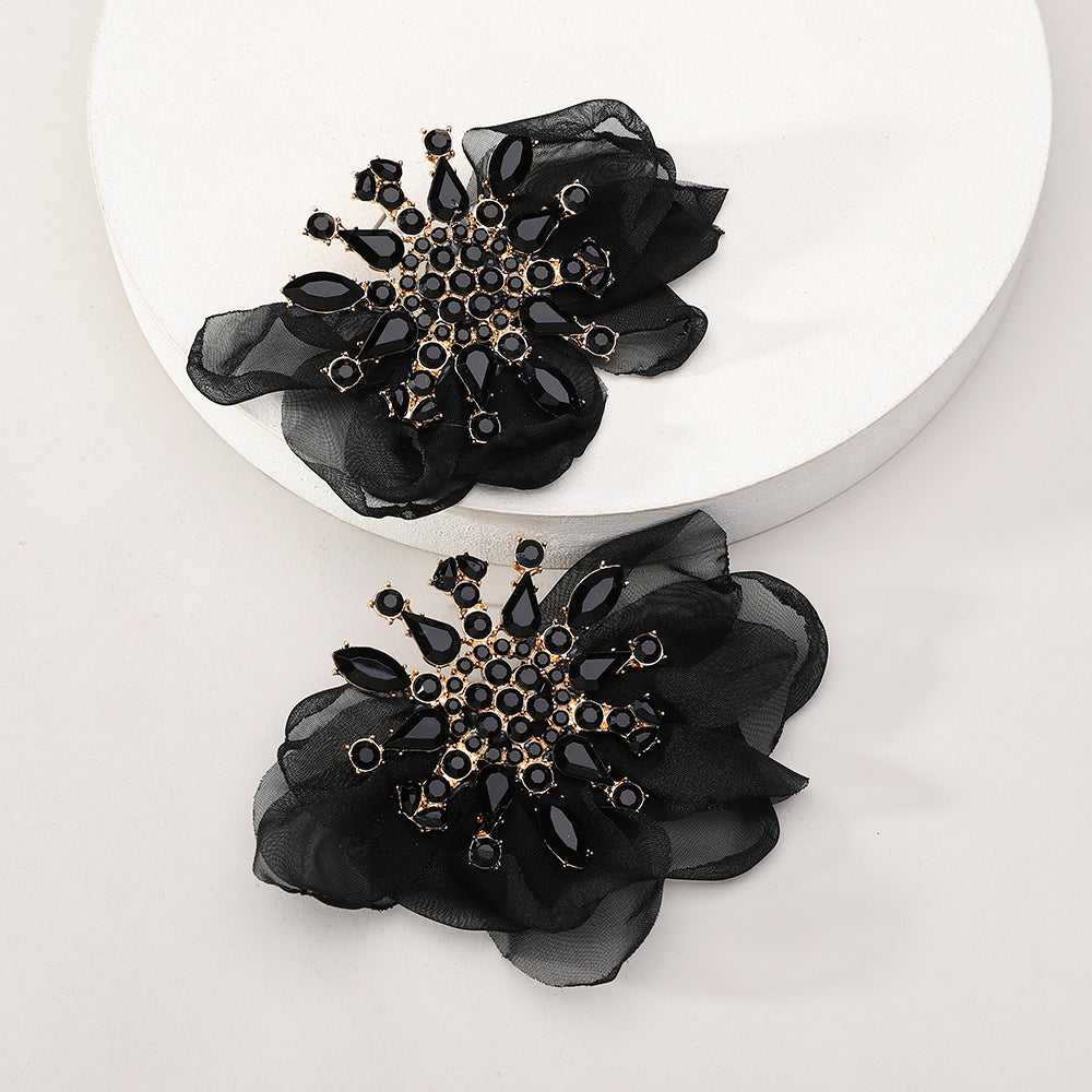 Bohemian Rhinestone Chiffon Flower Stud Earrings For Women - Beauty Accessories