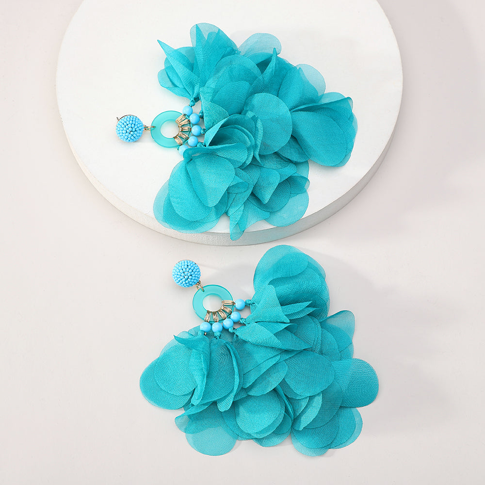 Bohemian Handmade Fabric Chiffon Flower Dangle Earrings - Beauty Accessories