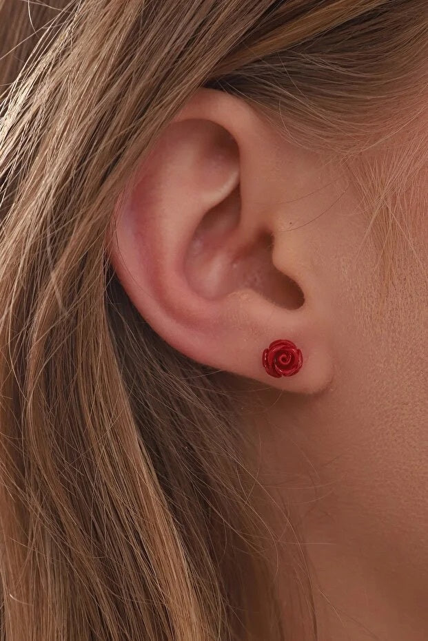 925 Sterling Silver Gold Plated Red Rose Earrings For Women - Beauty Accessories