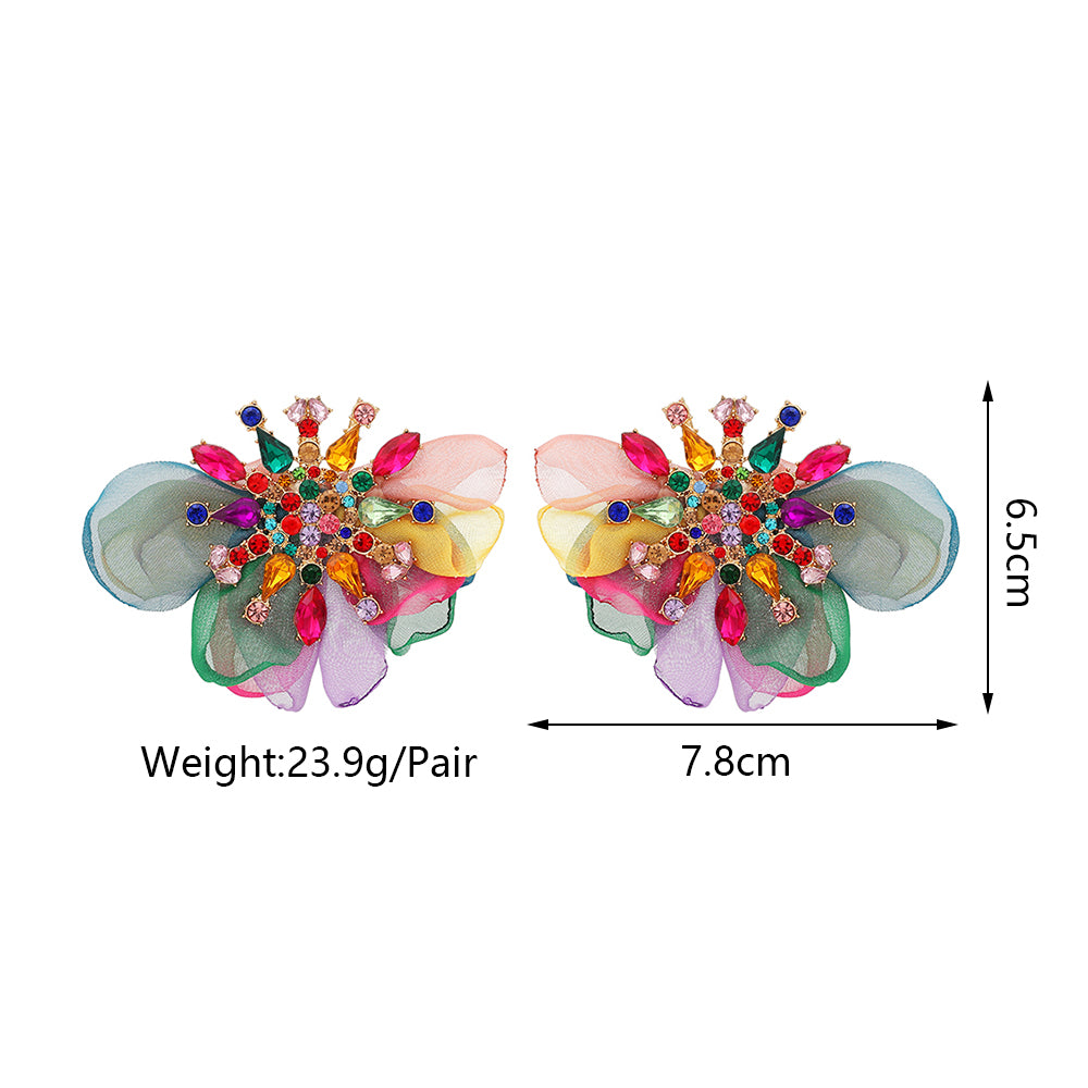 Bohemian Rhinestone Chiffon Flower Stud Earrings For Women - Beauty Accessories