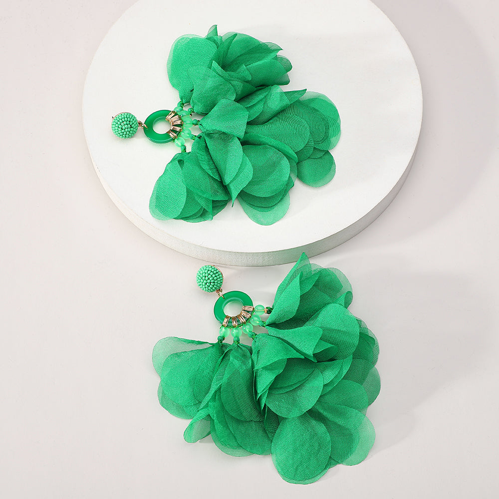 Bohemian Handmade Fabric Chiffon Flower Dangle Earrings - Beauty Accessories