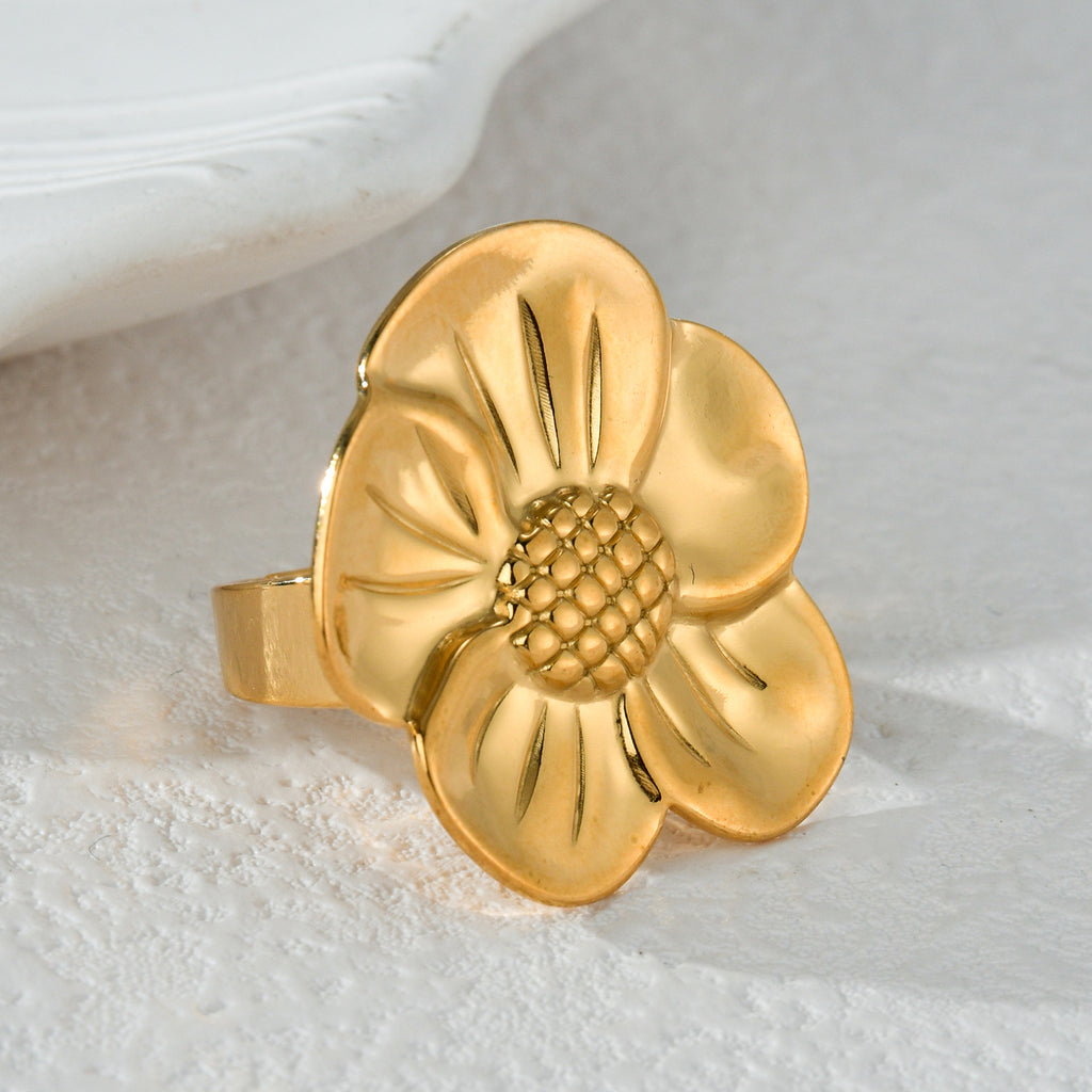 Textured Retro Gold Stainless Steel Flower Open Ring Women - Beauty Accessories