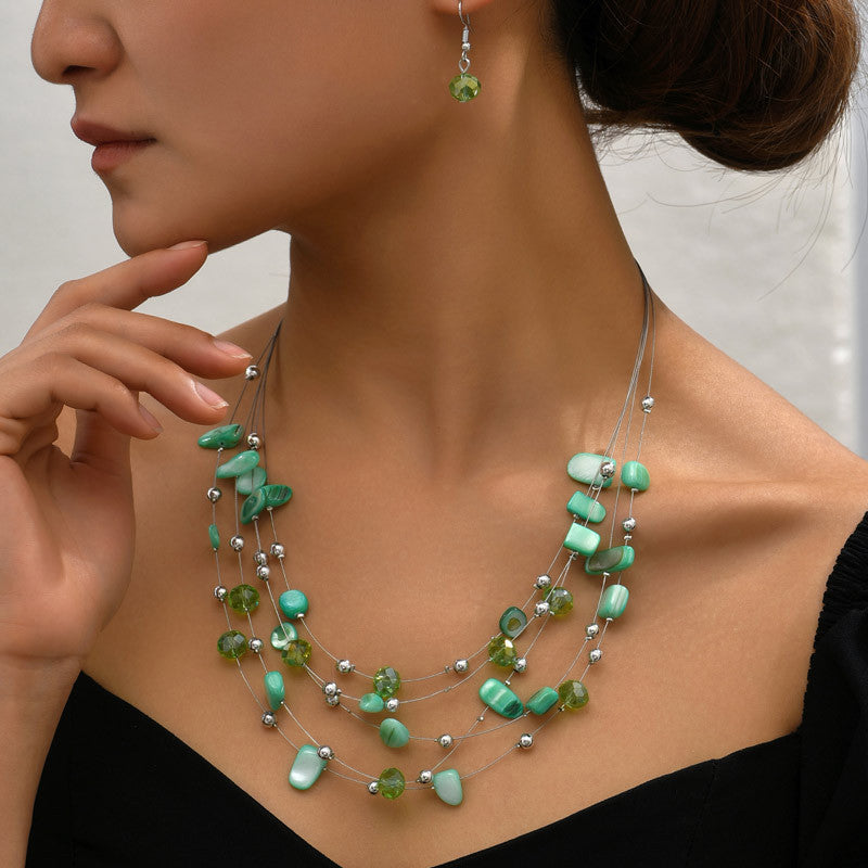 Bohemian Multi-layer Crystal Shell Earrings And Necklace Set - Beauty Accessories