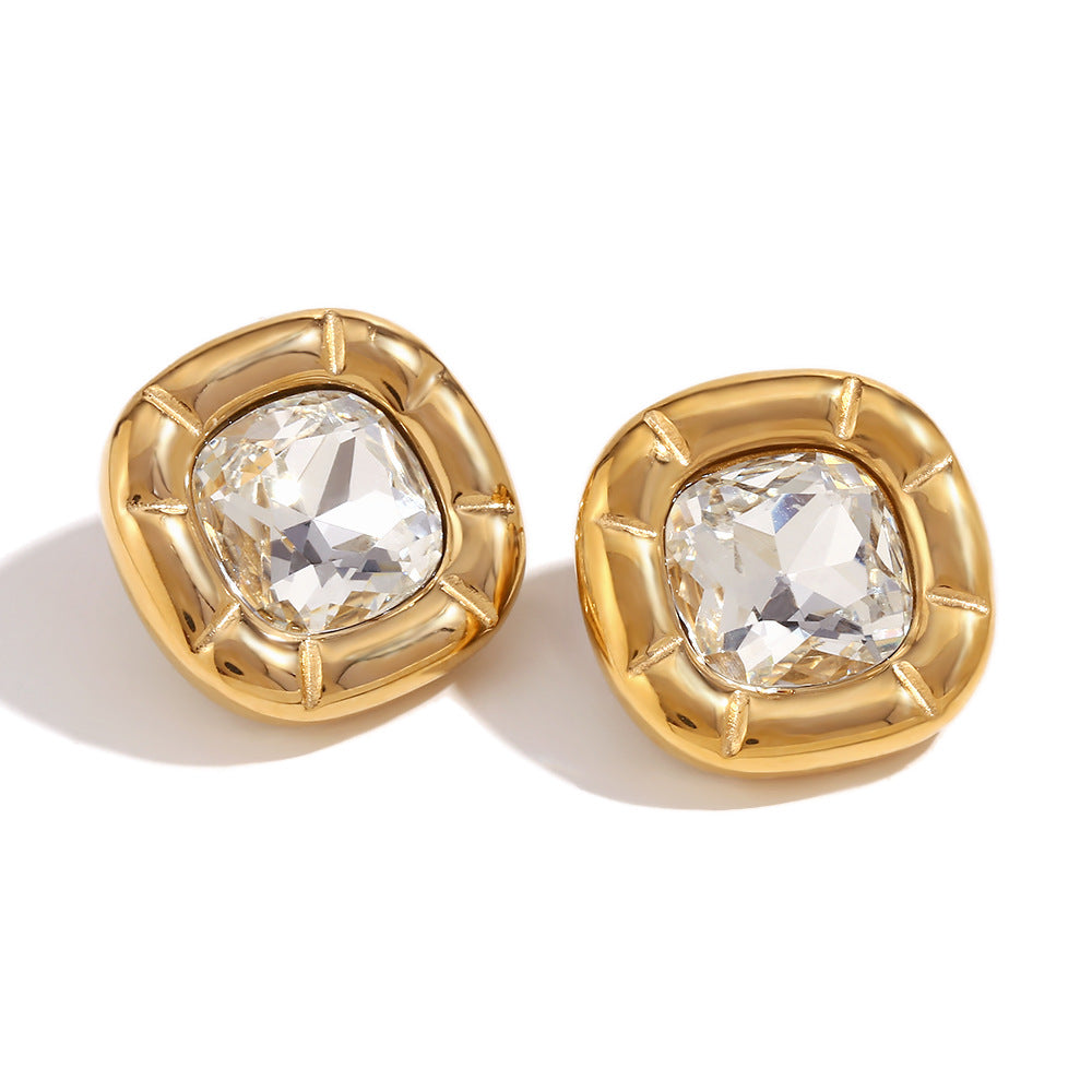 18K Gold Round Corner Square Flower Zircon Ear Studs - Beauty Accessories