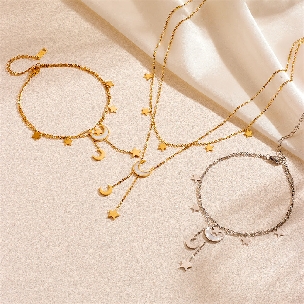 Cute Heart Star Moon Tassel Anklet Stainless Steel - Beauty Accessories