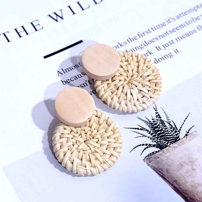 Women's Wooden Rattan Geometric Round Boho Earrings