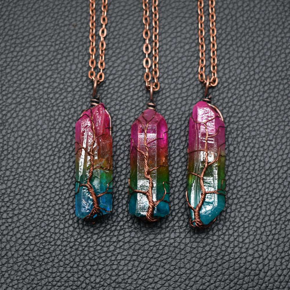 Stone Crystal Pillar Tree Of Life Pendant Ins Fashion Necklace - Beauty Accessories