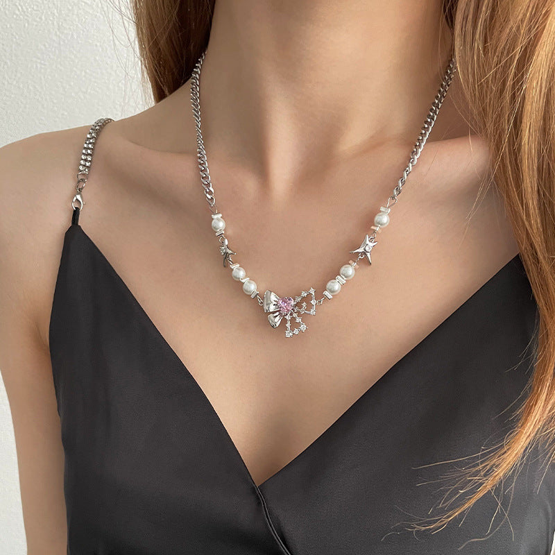 Love Pearl Stitching Bow Necklace - Beauty Accessories