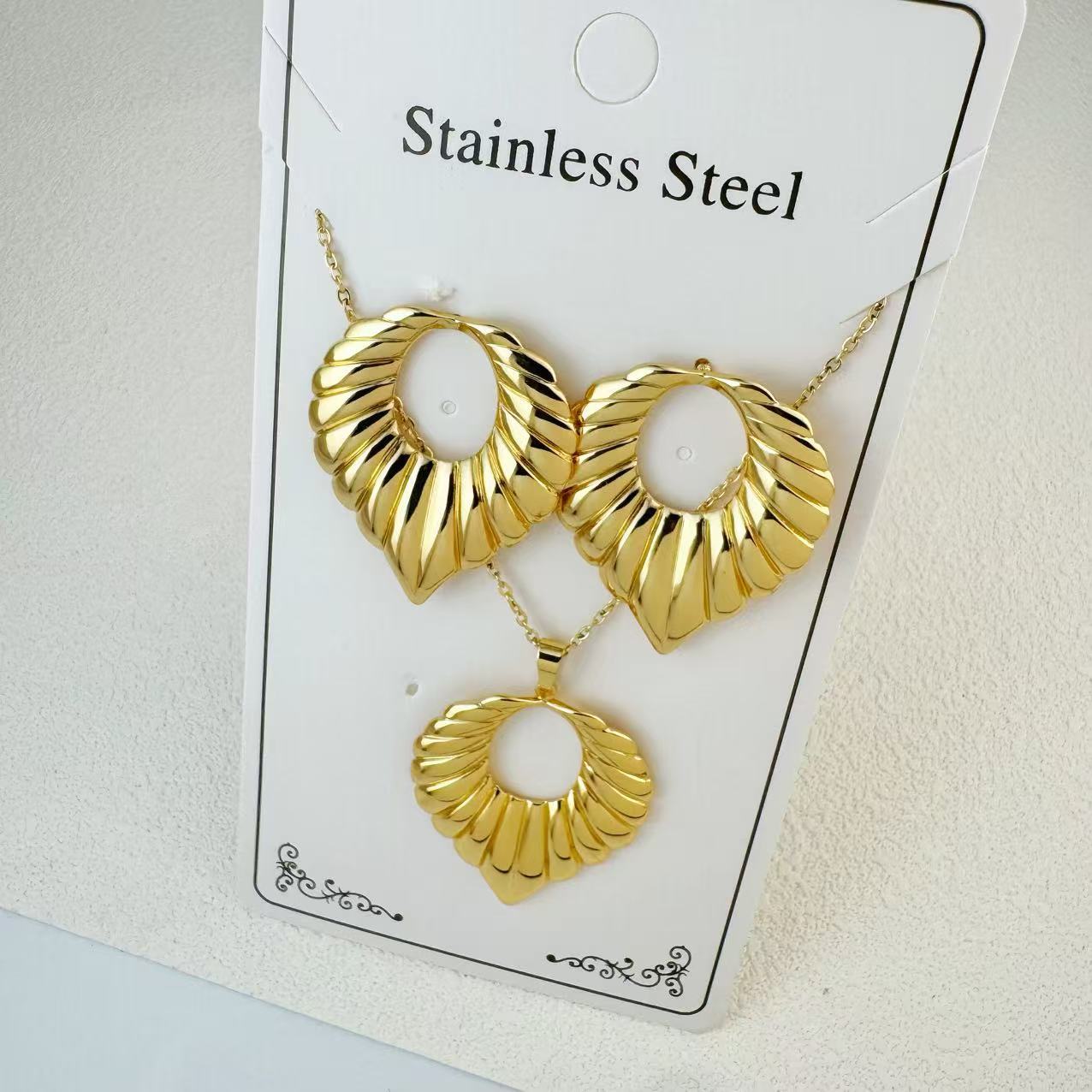 New Stainless Steel Plated 18k Gold Necklace Earring Set