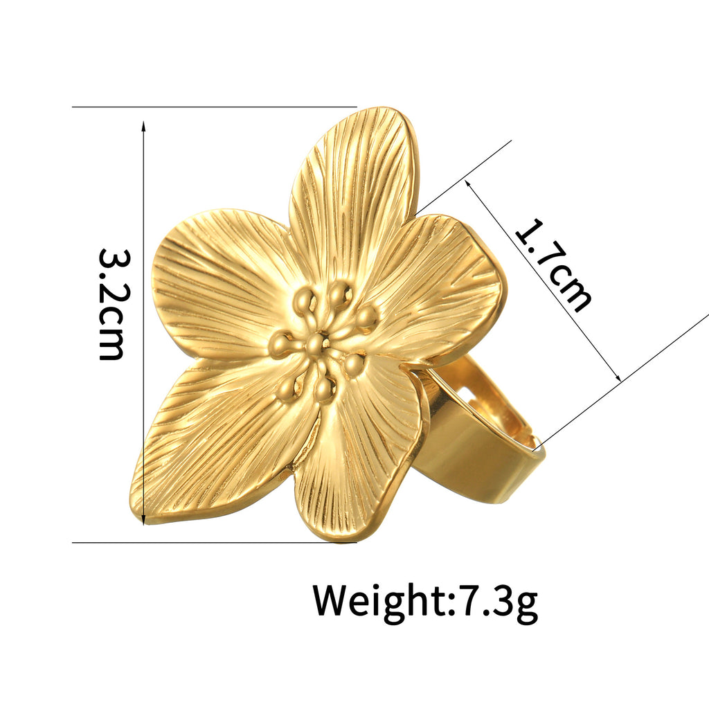 Textured Retro Gold Stainless Steel Flower Open Ring Women - Beauty Accessories