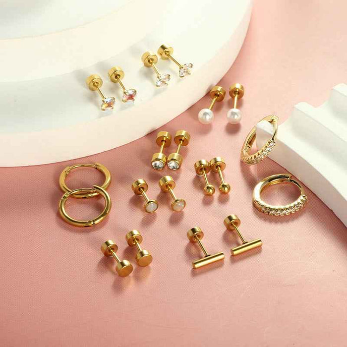 Stainless Steel Round Zircon Earring Set