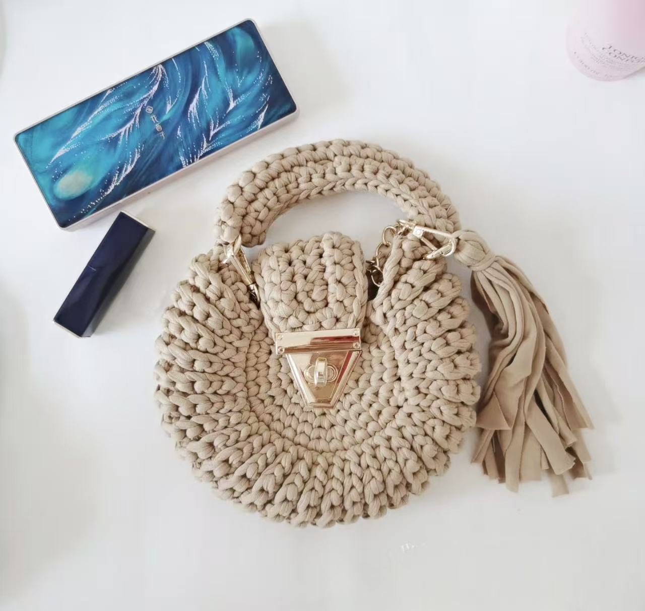Bohemian Womens Solid-Colored Fabric-Strap Crochet Bag - Beauty Accessories