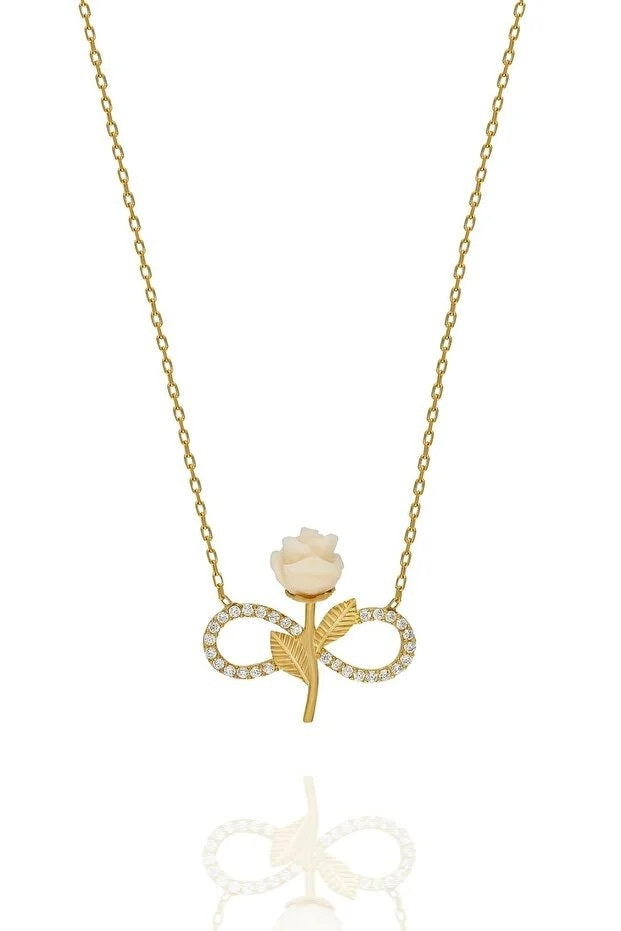 925 Sterling Silver Gold Plated White Rose Infinity Necklace With Zircon Stone