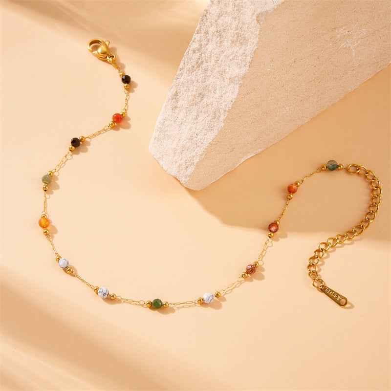 Colored Beaded Stone Stainless Steel Chain Anklet - Beauty Accessories