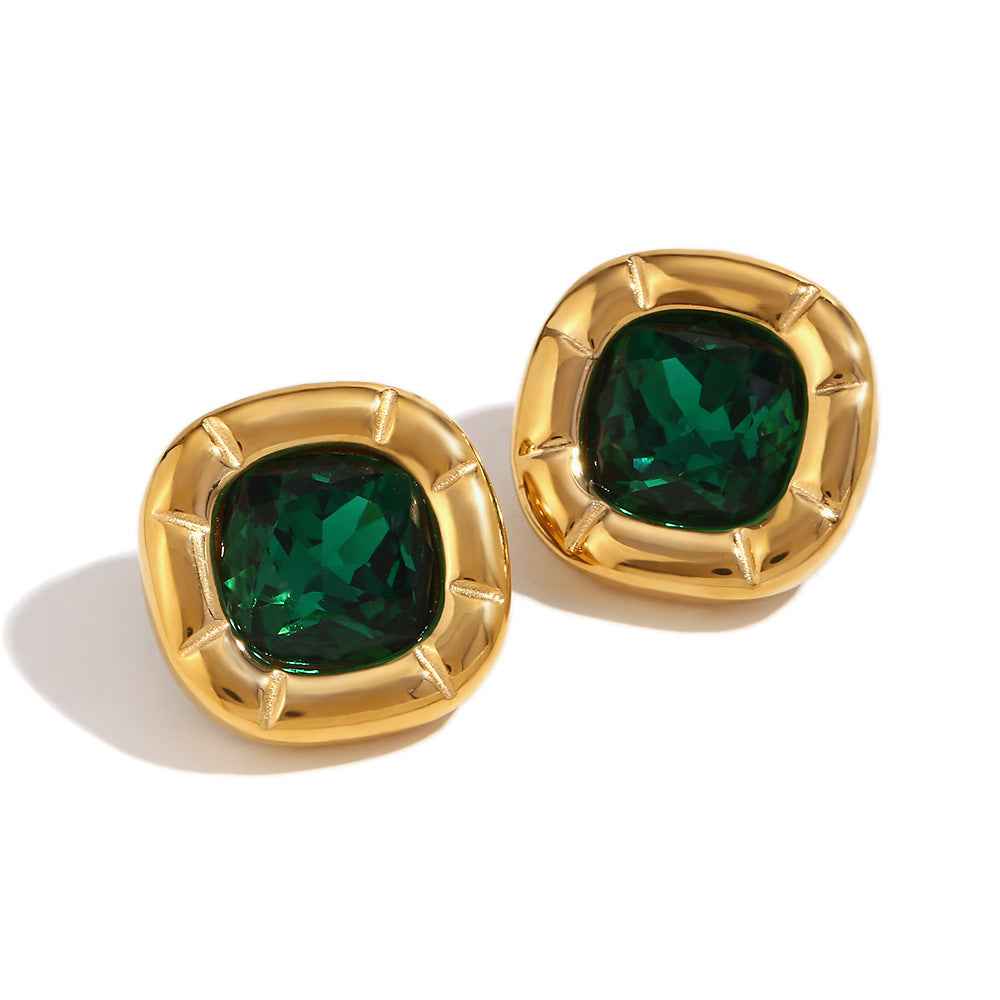 18K Gold Round Corner Square Flower Zircon Ear Studs - Beauty Accessories