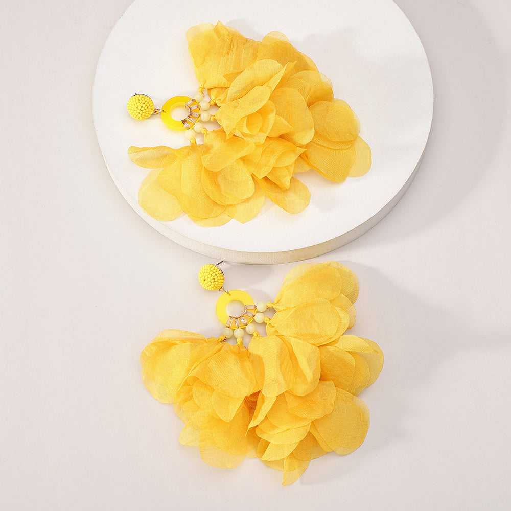 Bohemian Handmade Fabric Chiffon Flower Dangle Earrings - Beauty Accessories