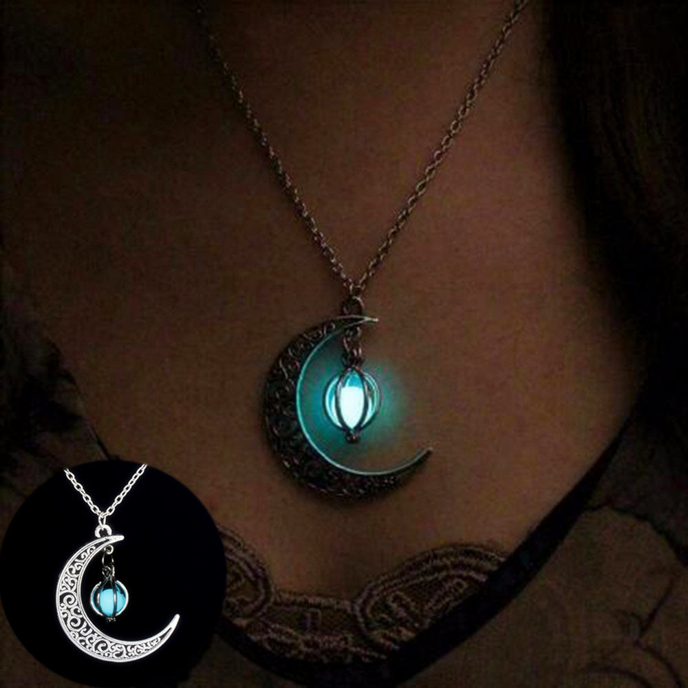 Fashion Moon Natural Glowing Stone Healing Necklace Women Gift Charm Luminous Pendant Necklace Jewelry - Beauty Accessories