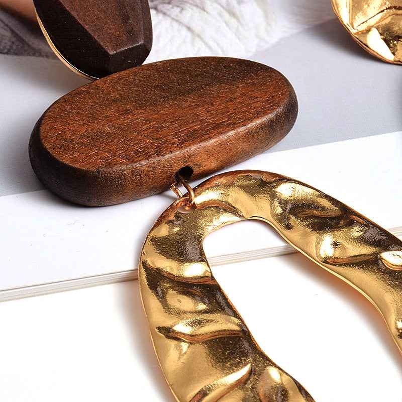 Vintage Handmade Fashion Wooden Metal Dangle Earrings