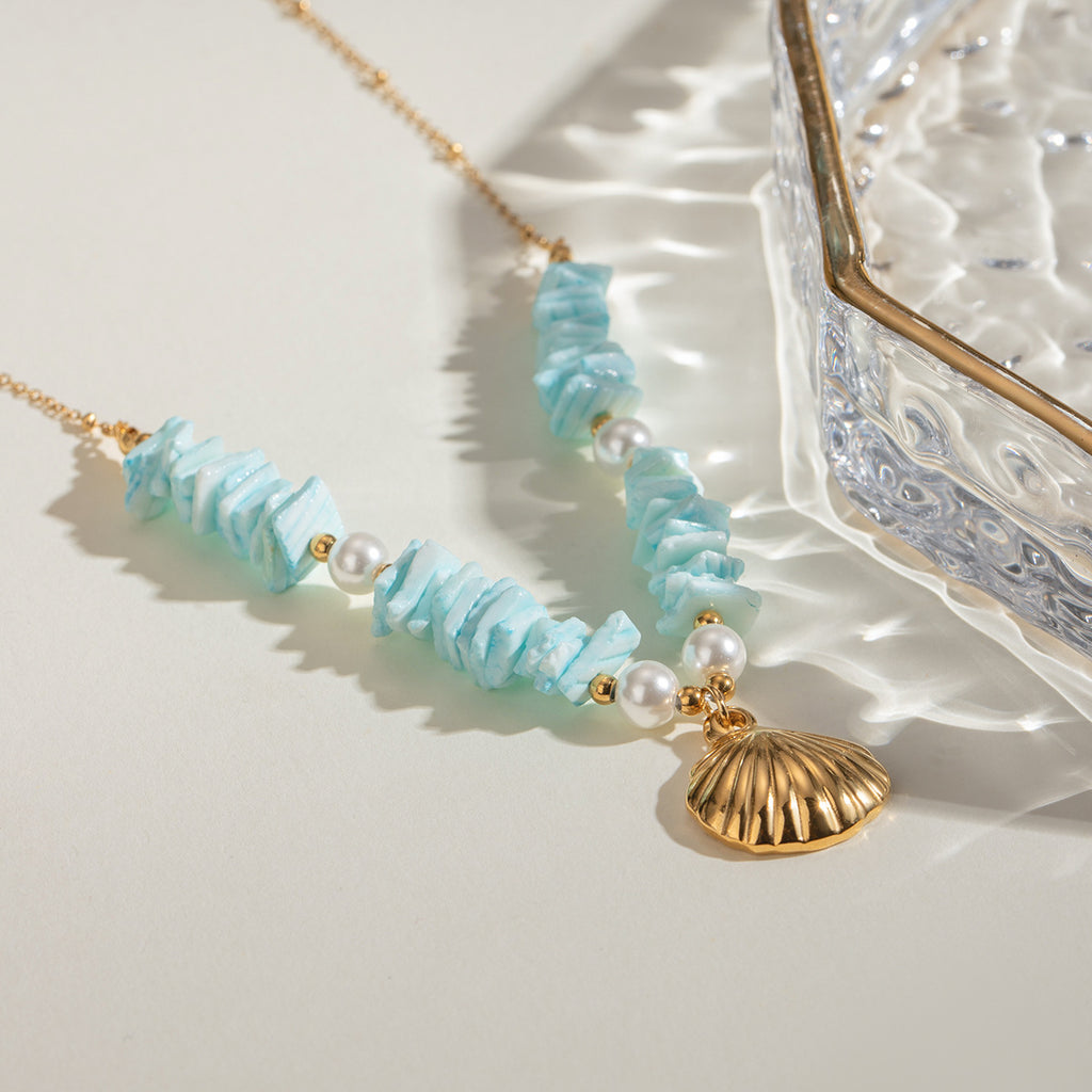 Mint Green Shell Patch Pearl Shell Pendant Necklace Jewelry - Beauty Accessories