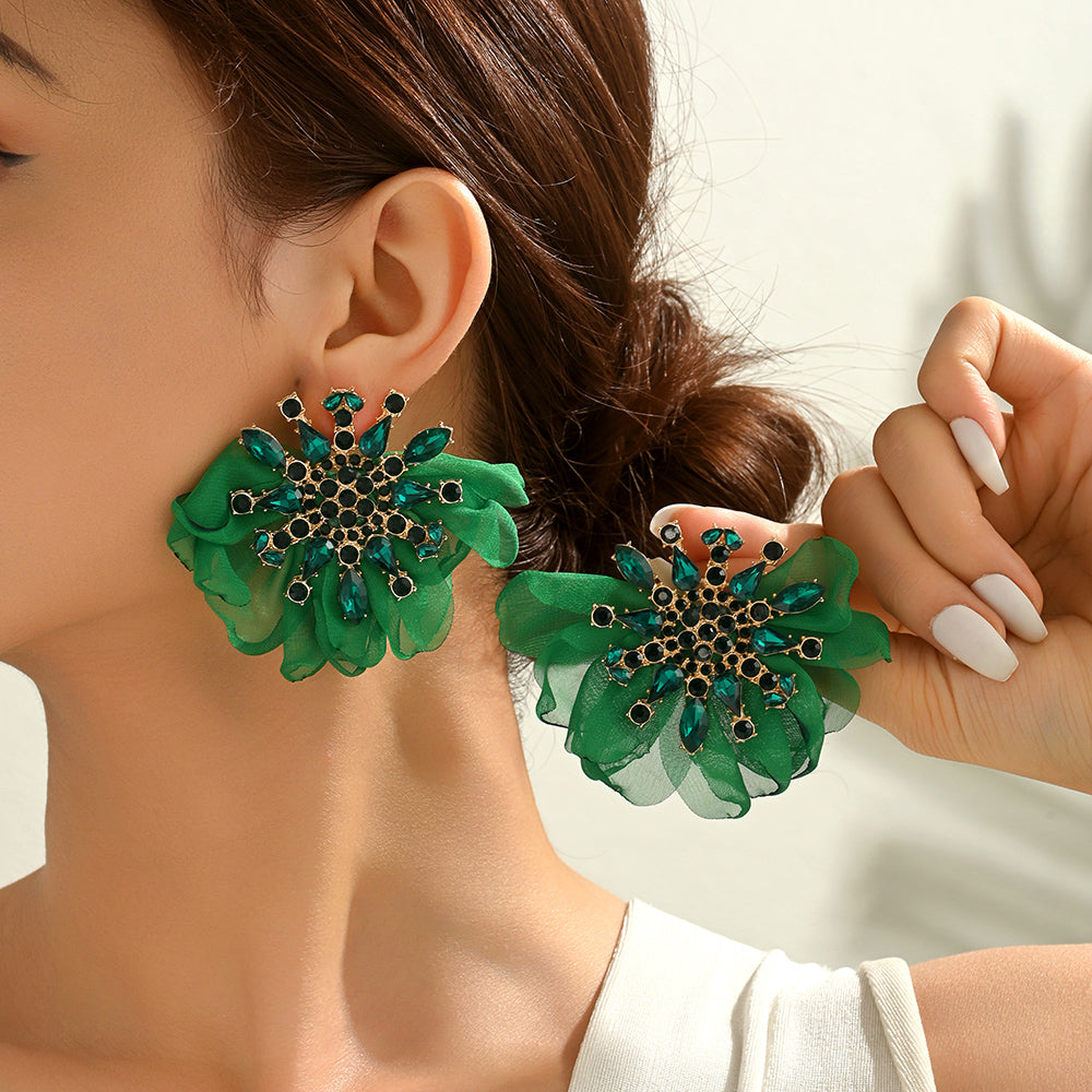 Bohemian Rhinestone Chiffon Flower Stud Earrings For Women - Beauty Accessories