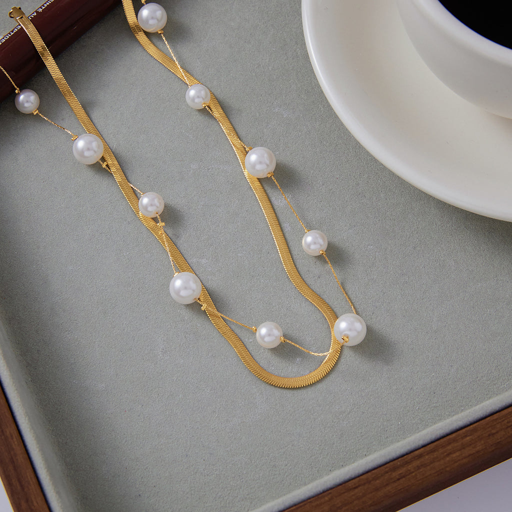 Elegant 18K Gold Stainless Steel Glass Pearl Necklace - Beauty Accessories