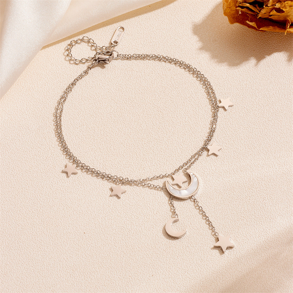 Cute Heart Star Moon Tassel Anklet Stainless Steel - Beauty Accessories