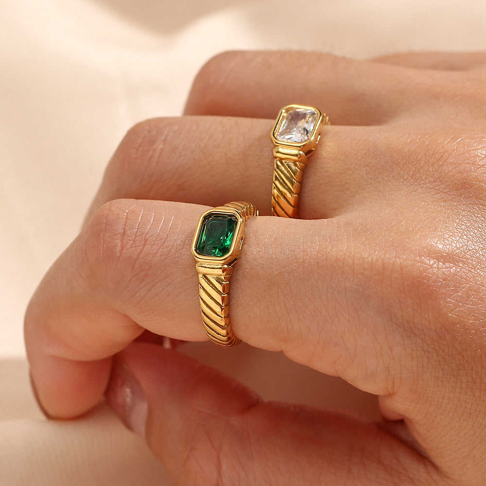 Stainless Steel Waterproof Black White Green Zircon Ring - Beauty Accessories