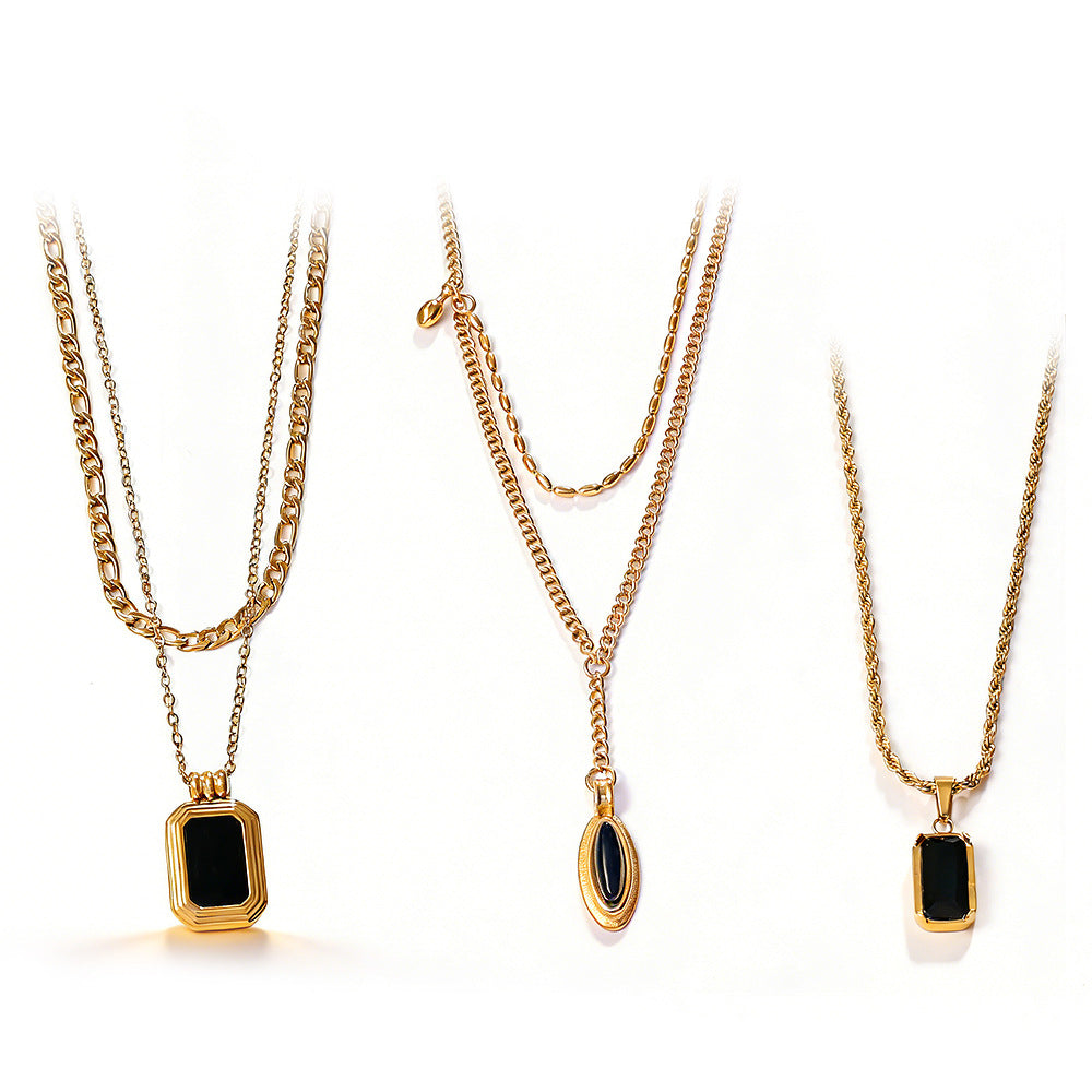 Vintage Stackable Black Onyx Pendant 18K Gold Plated Stainless Steel - Beauty Accessories