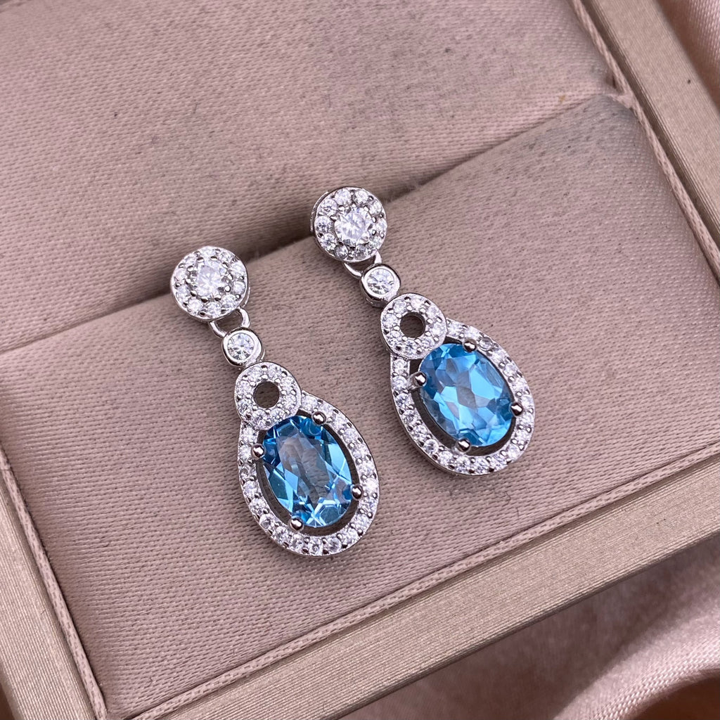 Blue Topaz Earrings S925 Silver Set With Full Diamonds - Beauty Accessories