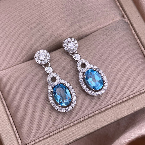 Blue Topaz Earrings S925 Silver Set With Full Diamonds - Beauty Accessories