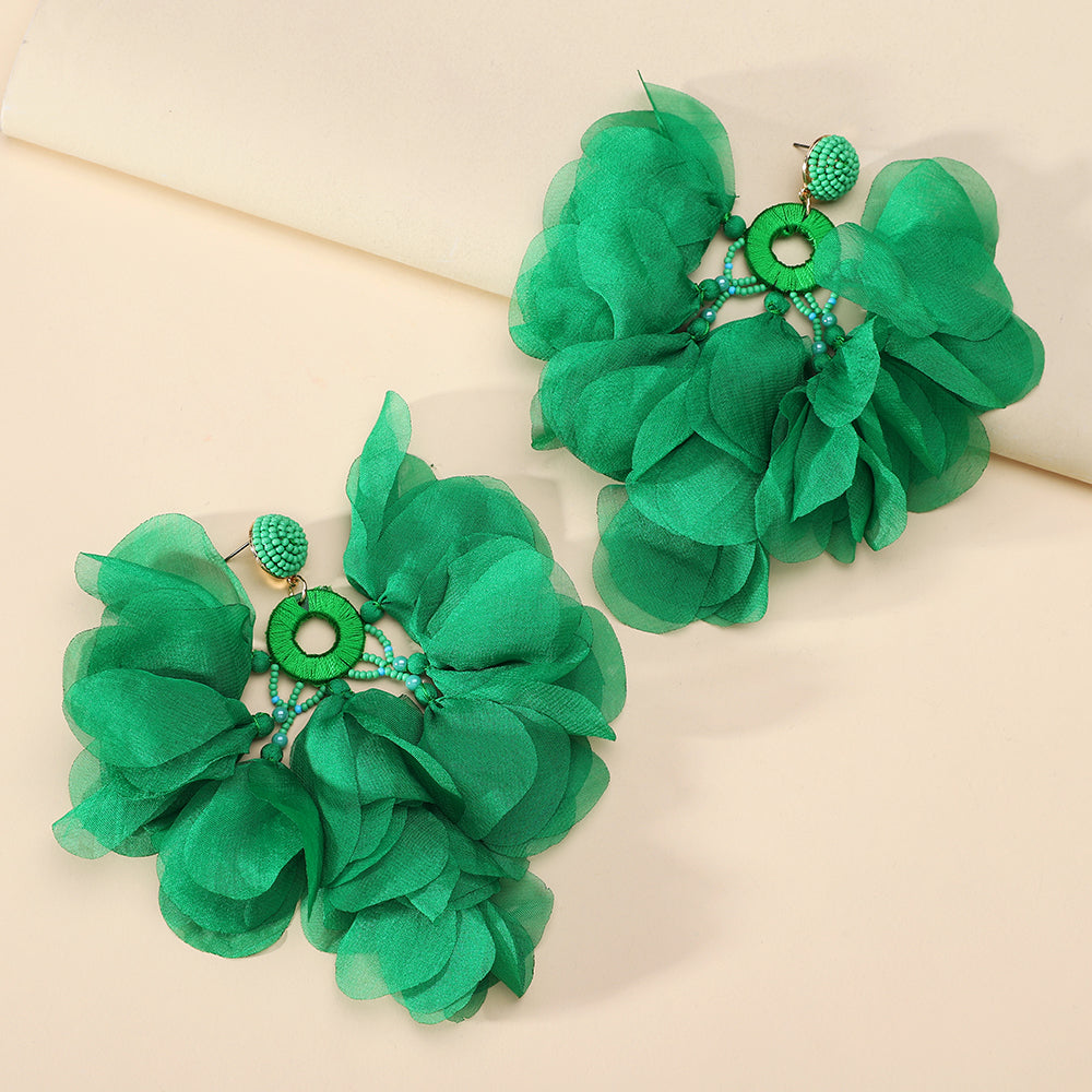 Handmade Bohemian Beaded Chiffon Flower Tassel Earrings - Beauty Accessories